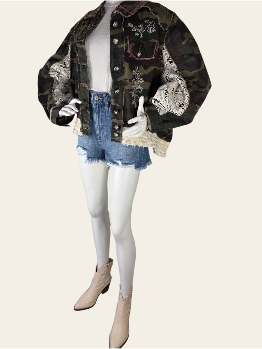 POL Camo Lace Balloon Sleeve Jacket Boho Western Shacket NWT Large - Picture 2 of 10